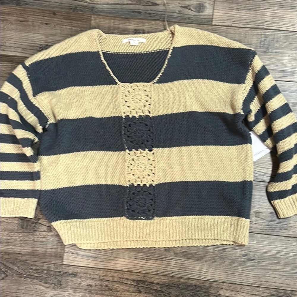 Striped V-Neck Sweater - Black and Tan